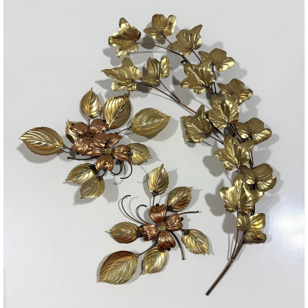 Vintage Metal Floral Ivy Wall Art - Gold Copper MCM Botanical Decor - Set of 3